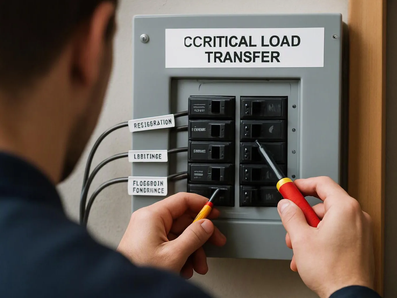 A person works on a labeled electrical breaker panel with two screwdrivers in an indoor wall setting