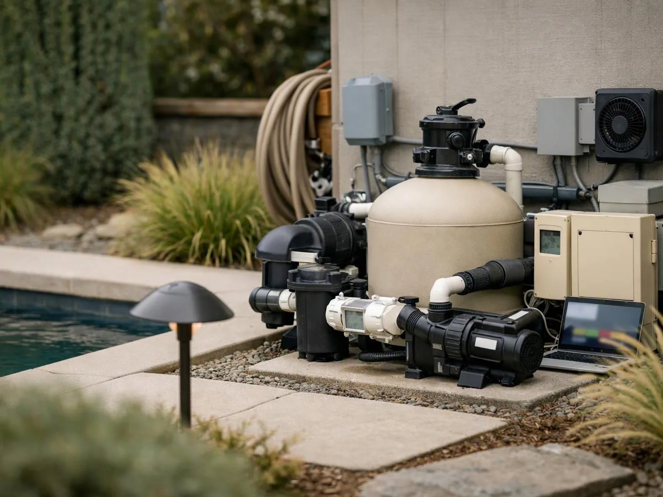 Pool equipment and control boxes sit beside a pool, with hoses, pipes, and a laptop on the patio