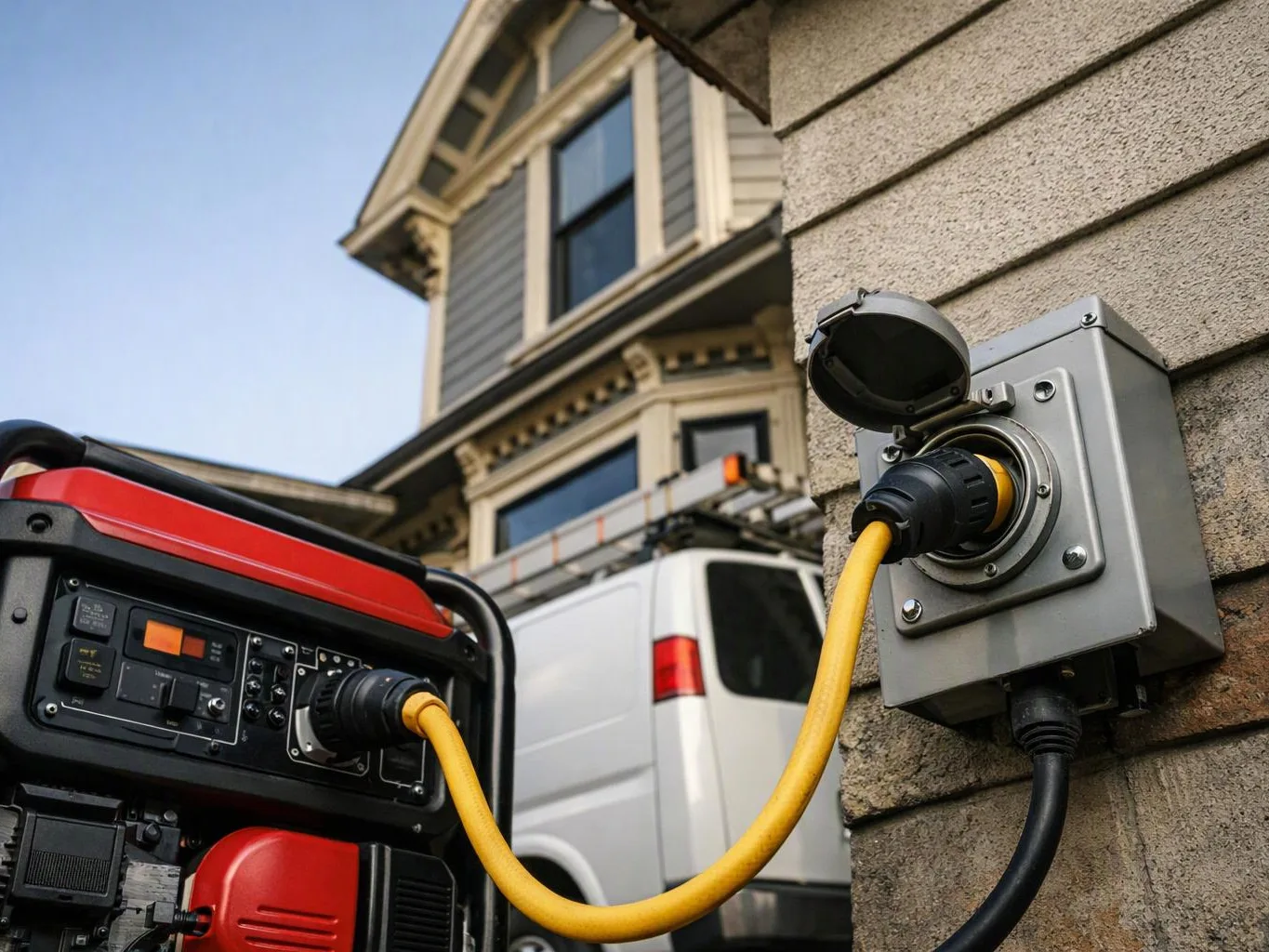 A portable generator powers a home through a yellow cord connected to an exterior wall outlet near a white van