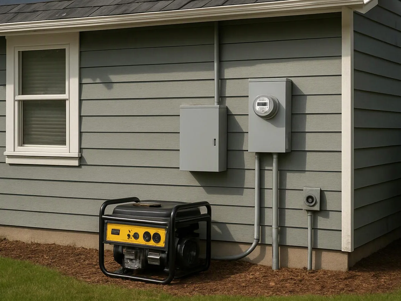 A portable generator sits beside a house wall under gray electrical boxes and a window