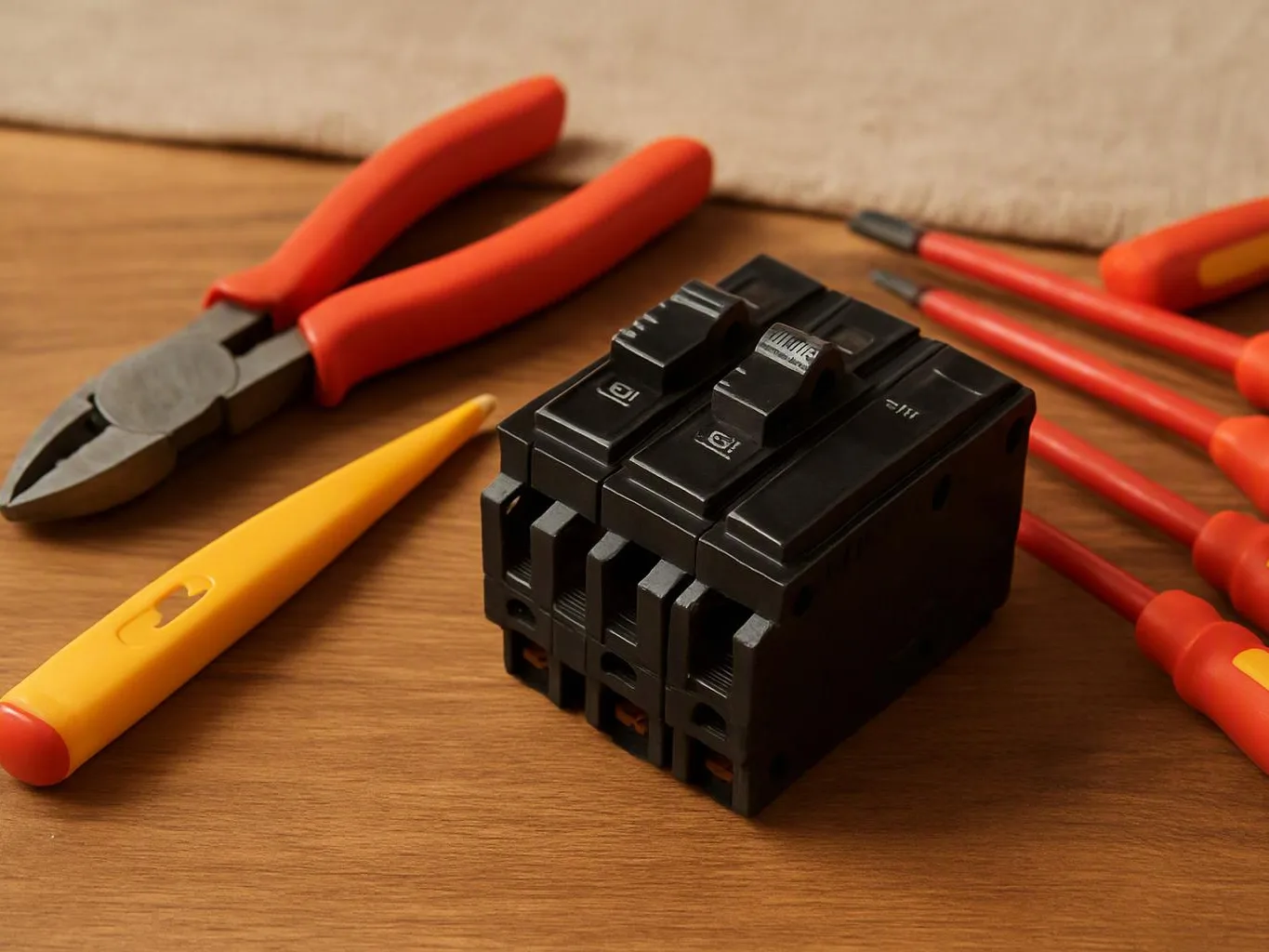 Red-handled pliers, screwdrivers, and a black circuit breaker sit on a wooden workbench