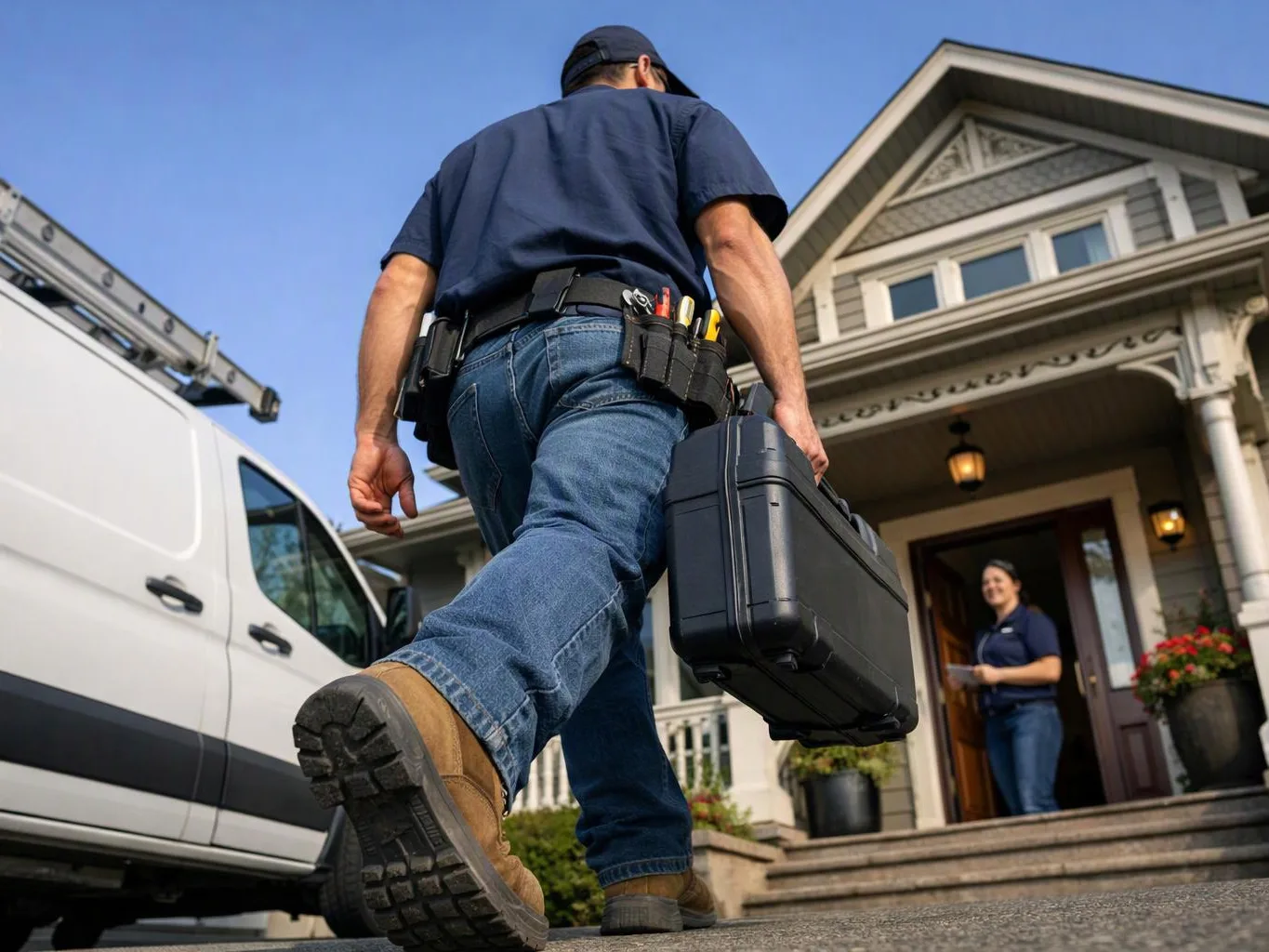 A repair worker carries a tool case toward a house while a colleague stands at the open doorway