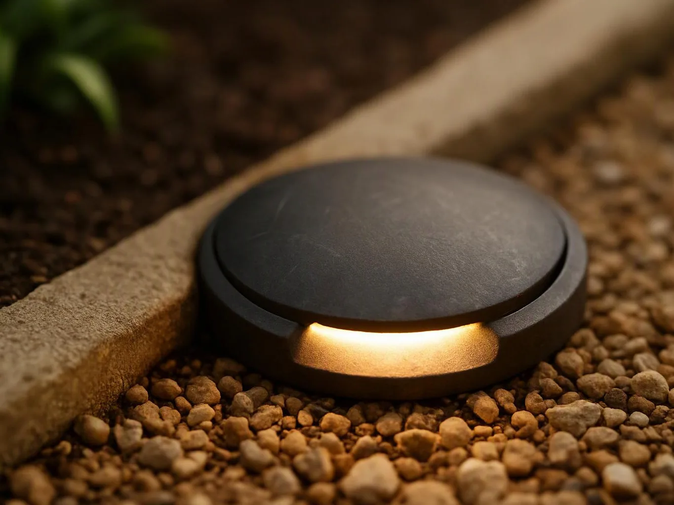 A round black ground light glows beside a stone border on gravel outdoors