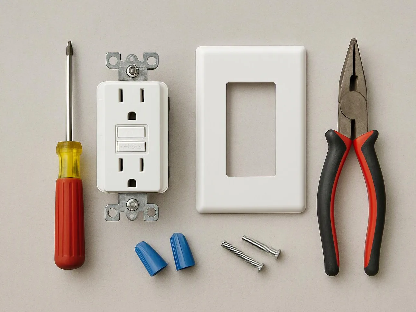 A screwdriver, outlet, wall plate, pliers, wire connectors, and screws are arranged on a light surface