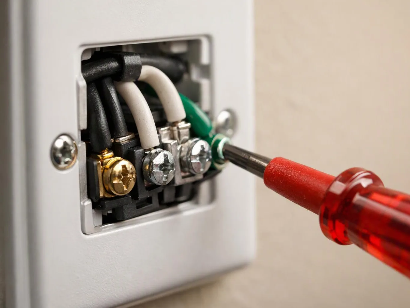 A screwdriver tightens wires inside a wall electrical outlet on a beige wall