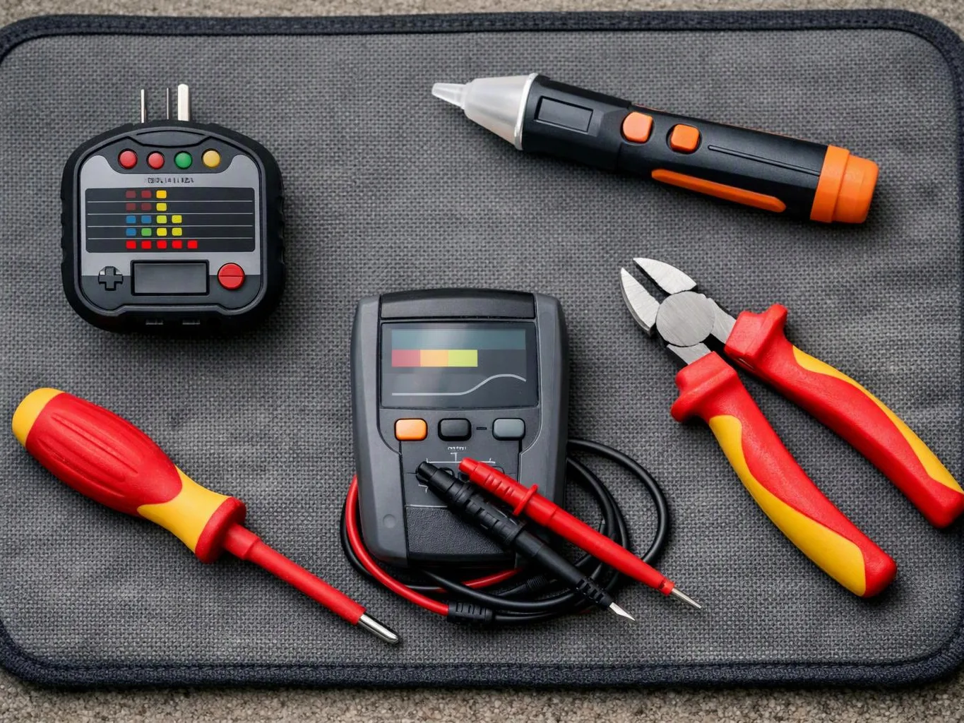 Several electrical testing tools and hand tools are arranged on a gray mat outdoors
