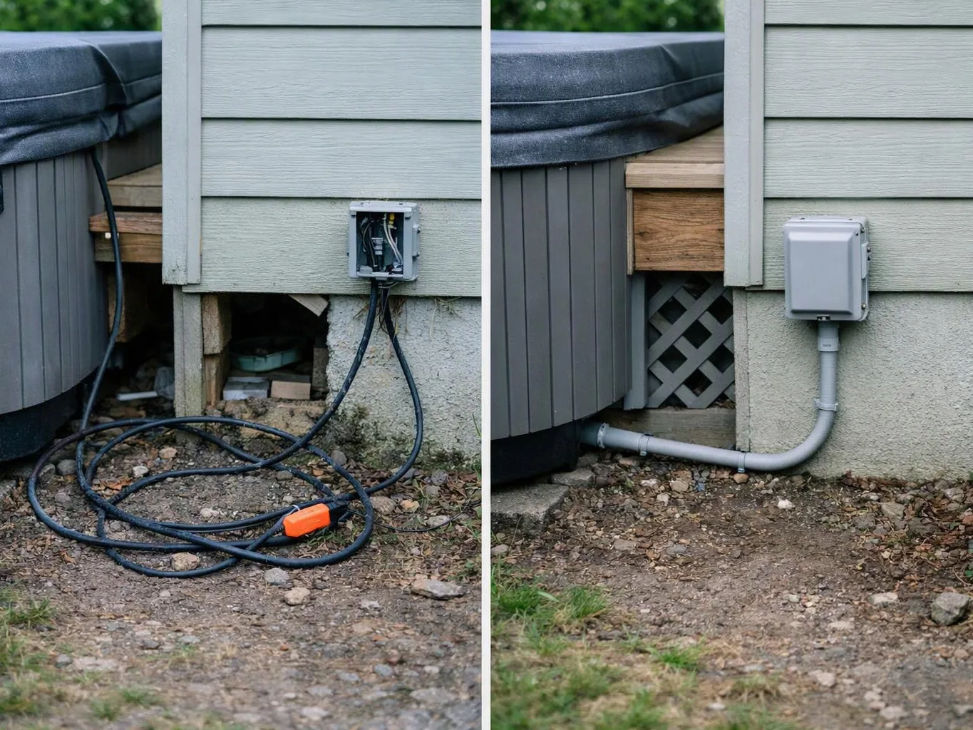 Side-by-side view shows exposed wiring before and a neat gray conduit box after beside a house wall