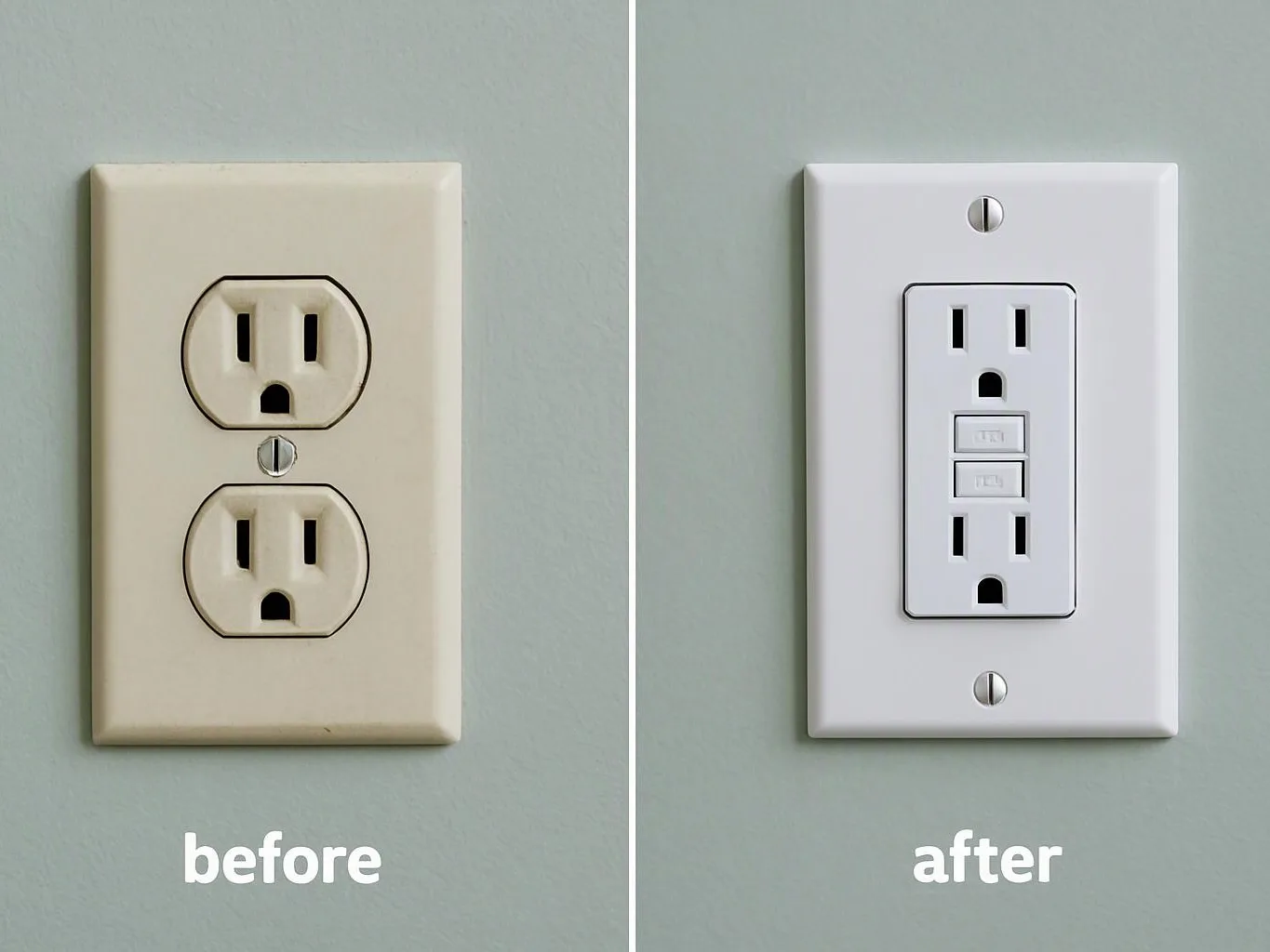 Side-by-side wall outlets show an older beige socket before and a white GFCI outlet after