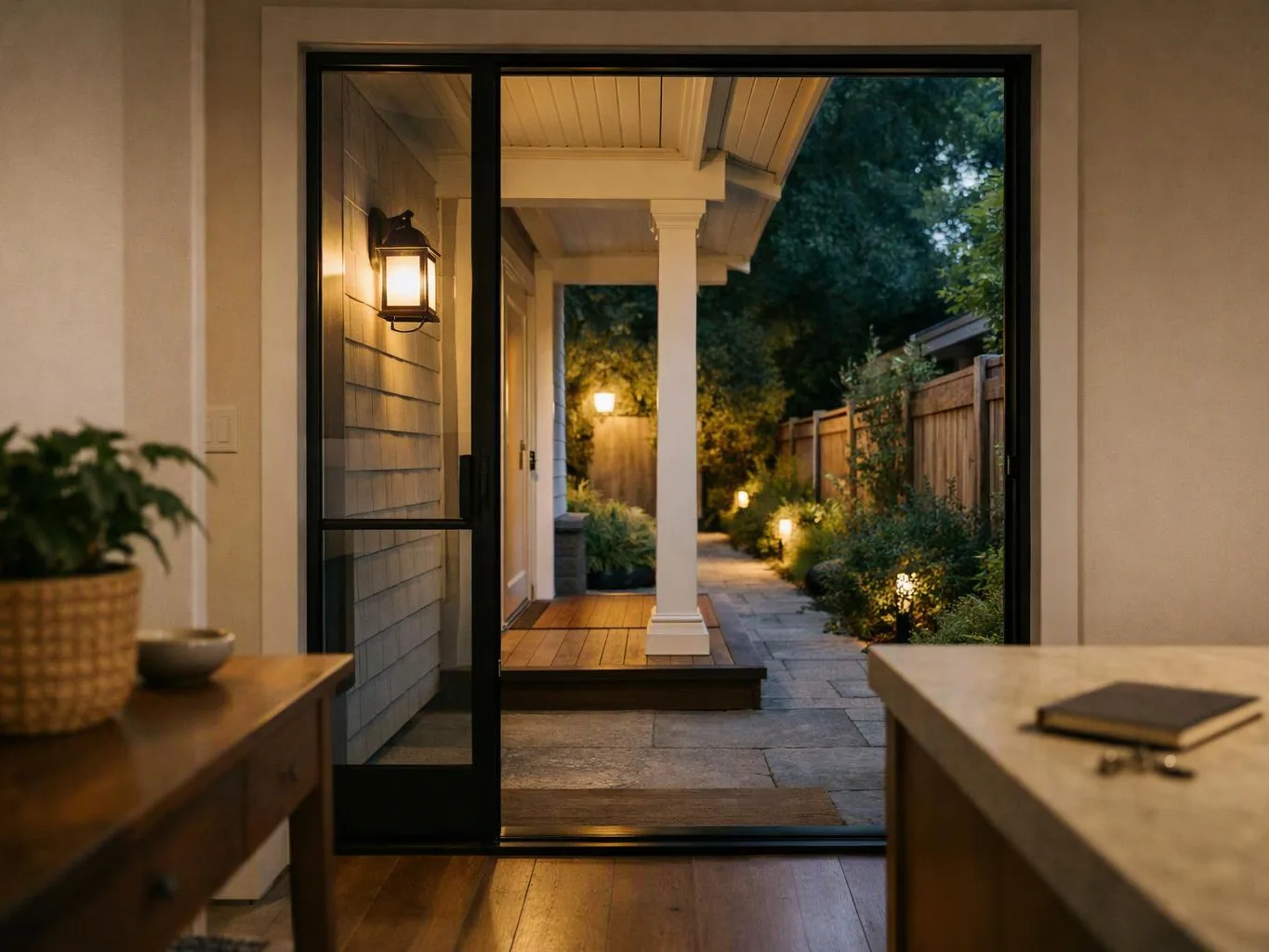 A sliding glass door opens to a lit backyard path beside a house at dusk