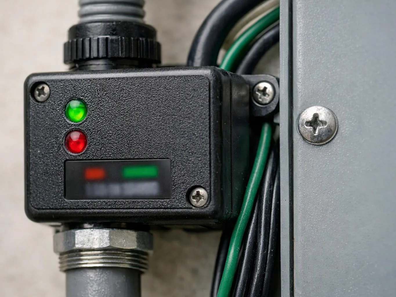 A small black electrical sensor with green and red indicator lights is mounted beside gray metal conduit and wires