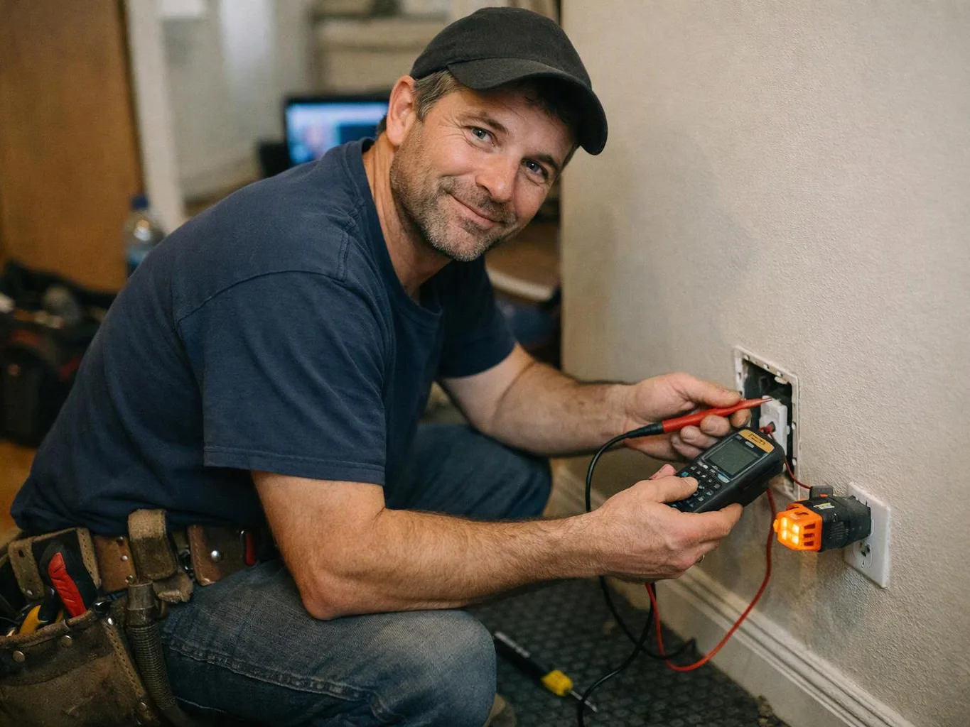 A smiling electrician kneels by a wall outlet, testing wiring with a meter in a room with tools nearby