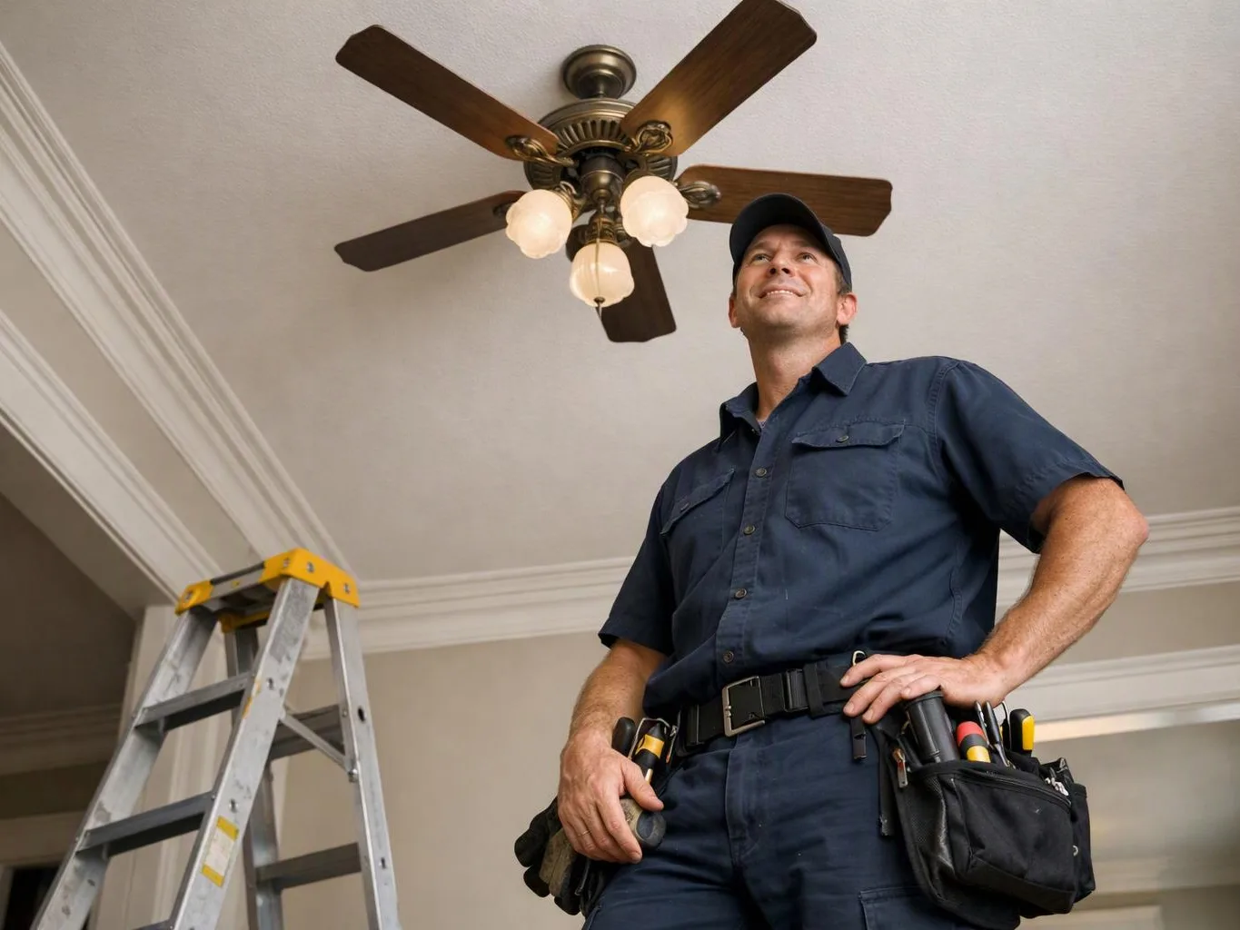 A smiling handyman in a navy uniform stands by a ladder beneath a ceiling fan with lights indoors