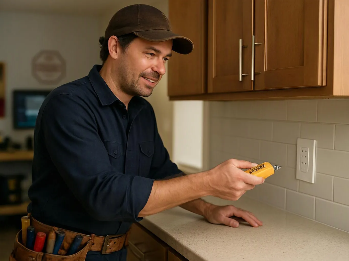 A smiling man in a cap holds a yellow electrical tester near a kitchen wall outlet