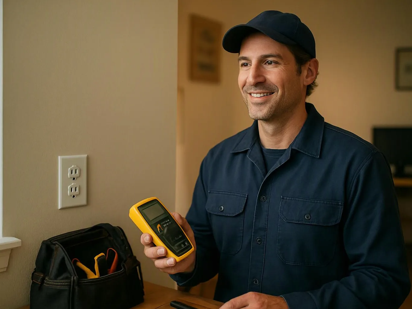 A smiling man in a cap holds a yellow handheld meter beside an outlet inside a home