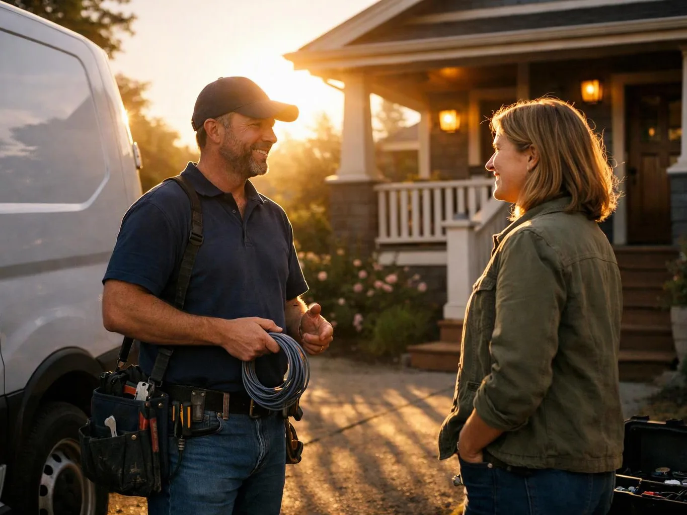 A smiling repairman in a cap talks with a woman beside a van in front of a house at sunset