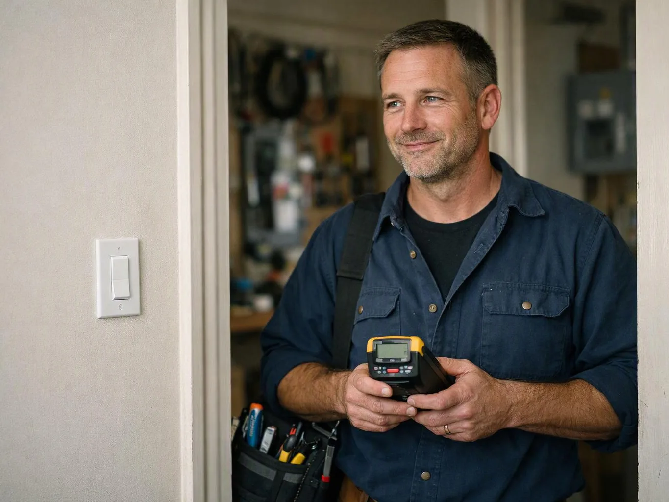 A smiling technician stands in a doorway holding a handheld meter, with a light switch on the wall beside him