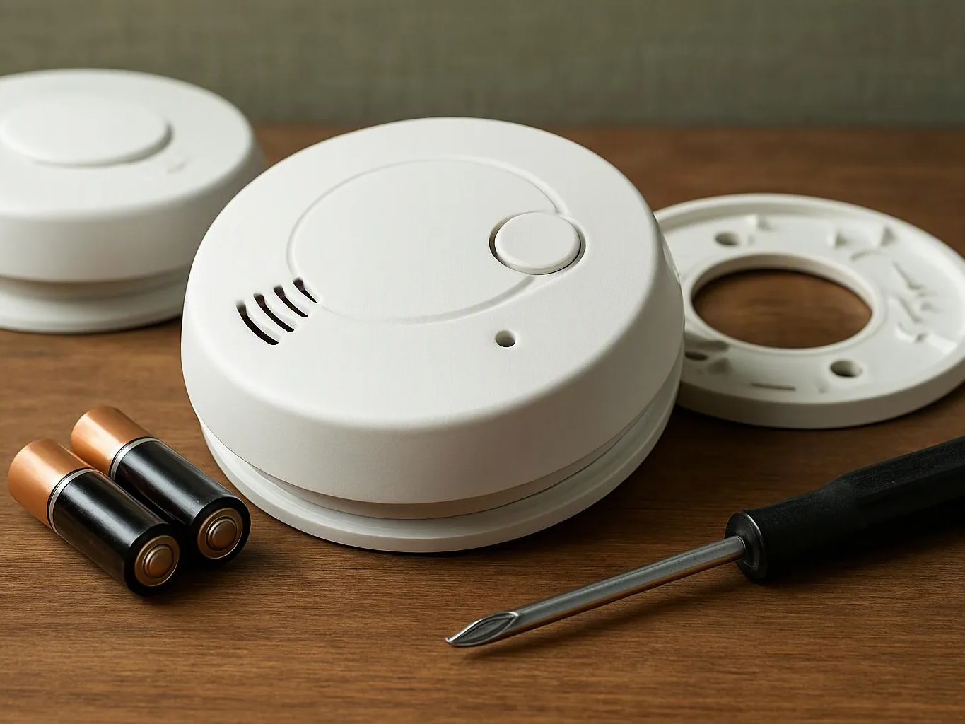 A smoke detector, batteries, and a screwdriver sit on a wooden table beside a mounting ring