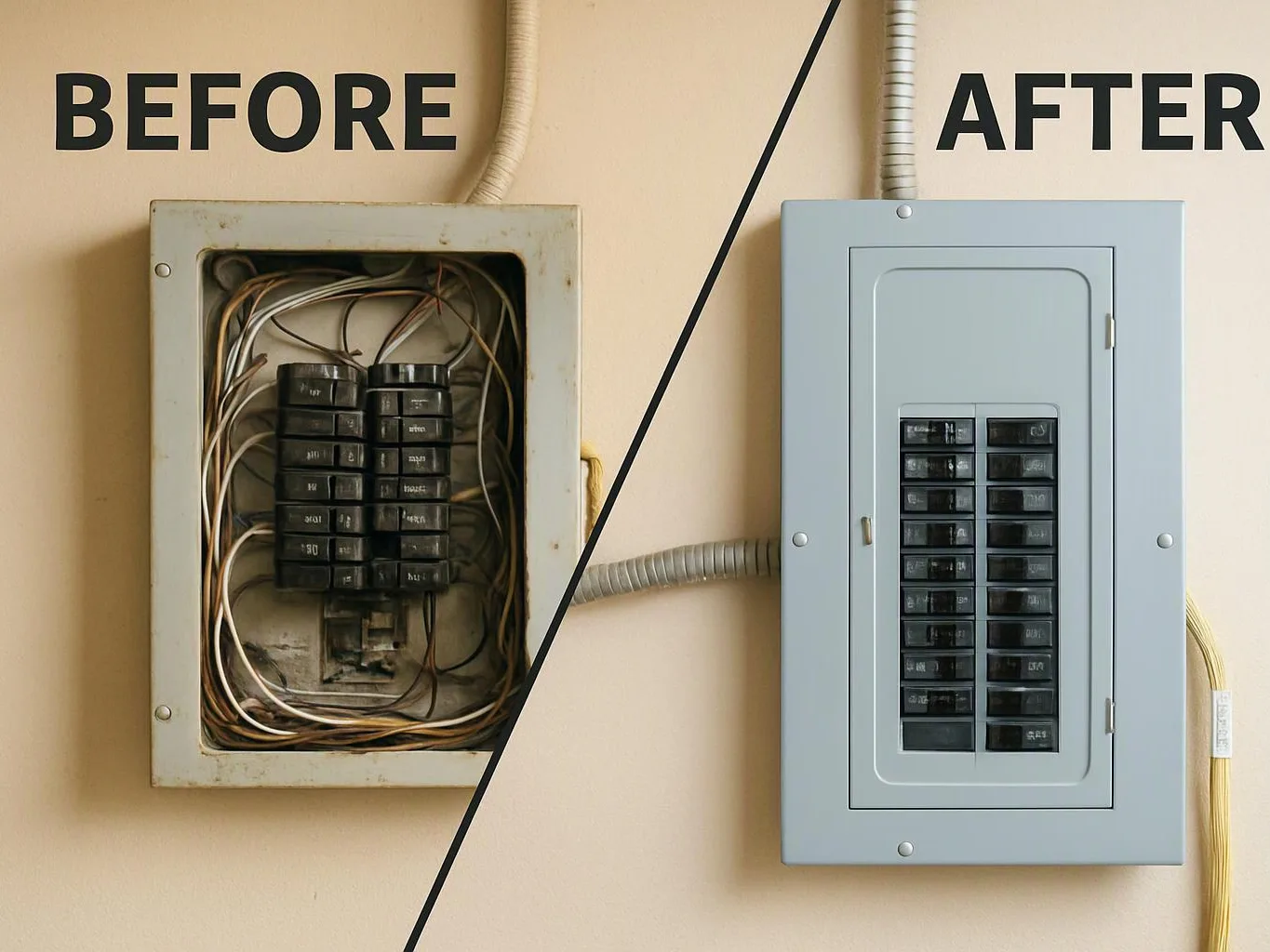A split before-and-after view shows an old tangled electrical panel beside a clean closed breaker box on a beige wall