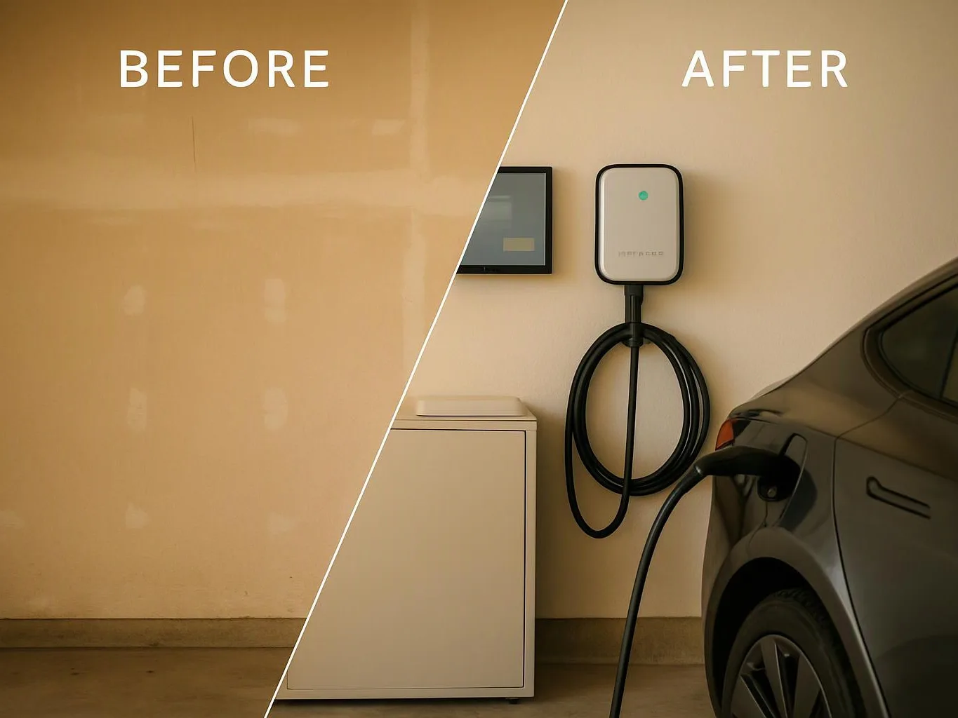 Split garage view shows a blank wall before, and an EV charger with a car plugged in after