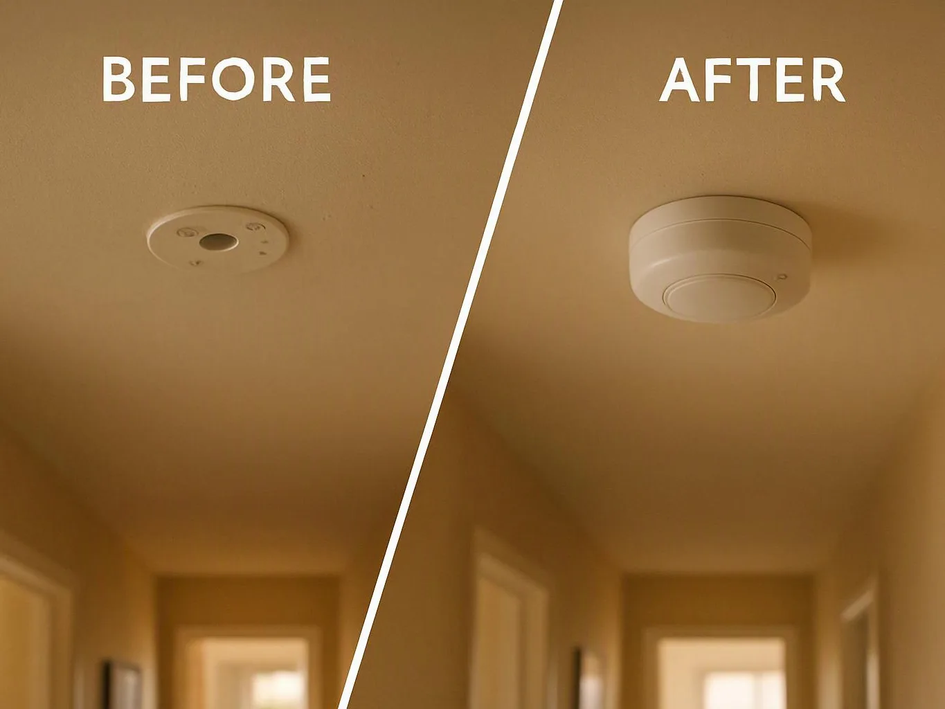 Split hallway ceiling photo shows a plain device before and a larger round alarm after with "BEFORE" and "AFTER" text