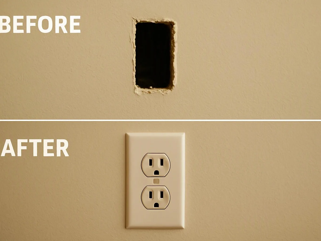 Split image showing a rough wall cutout above and a finished two-socket outlet below