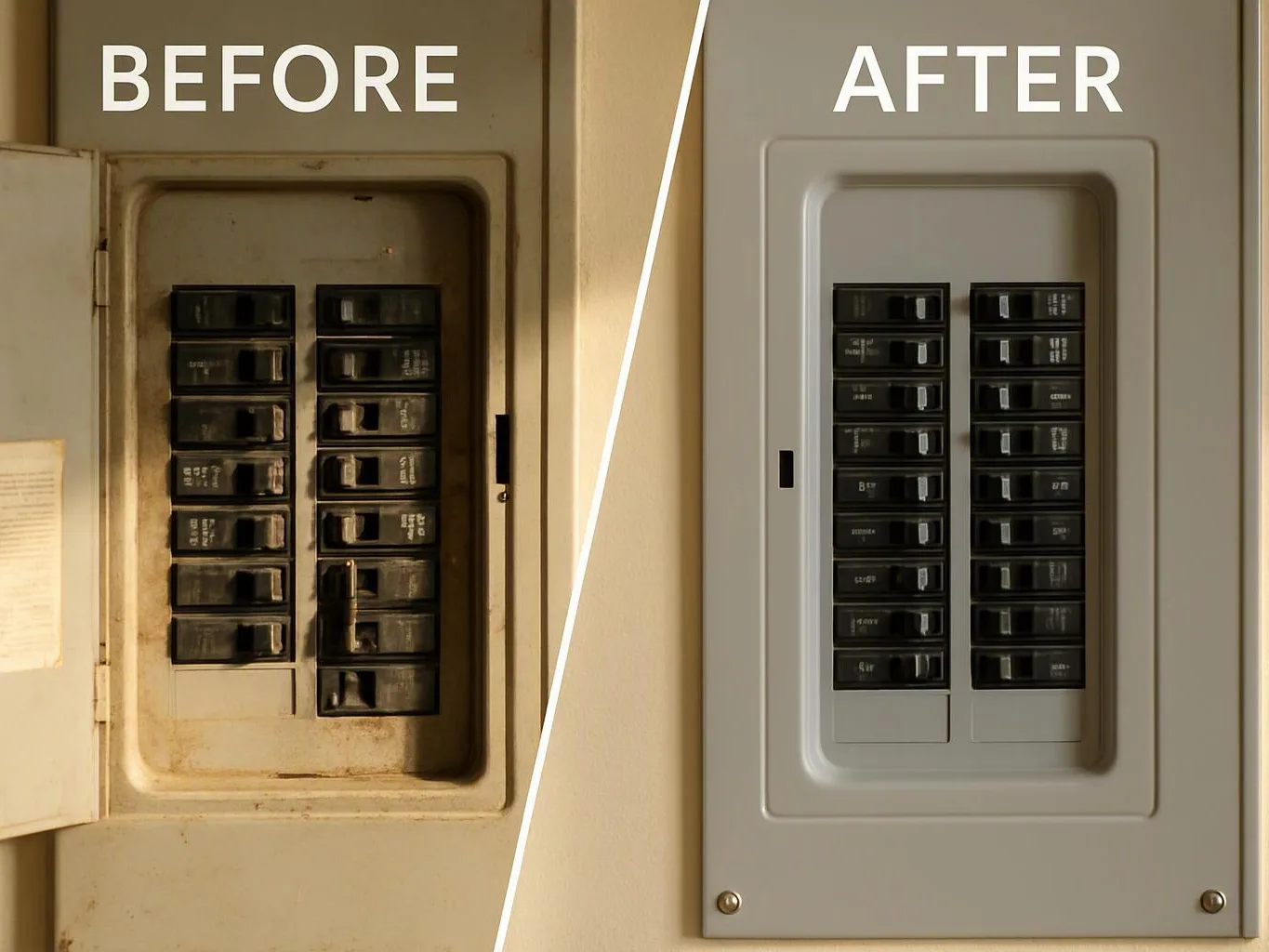 A split image shows a dirty electrical breaker panel before cleaning and the same panel clean after cleaning