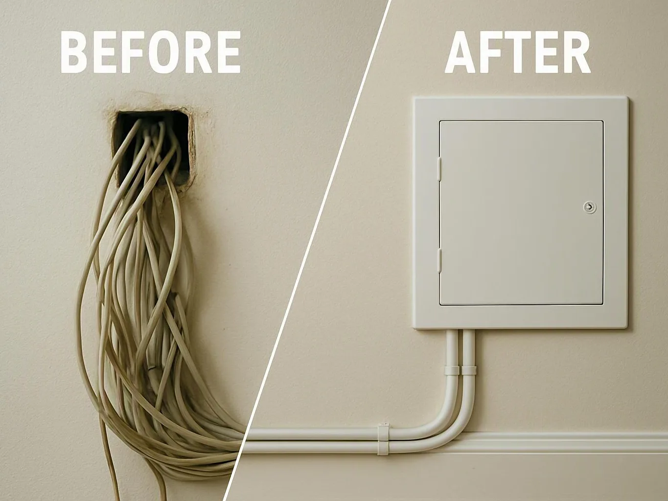 Split image shows exposed cables before and a covered wall access panel after on a beige wall