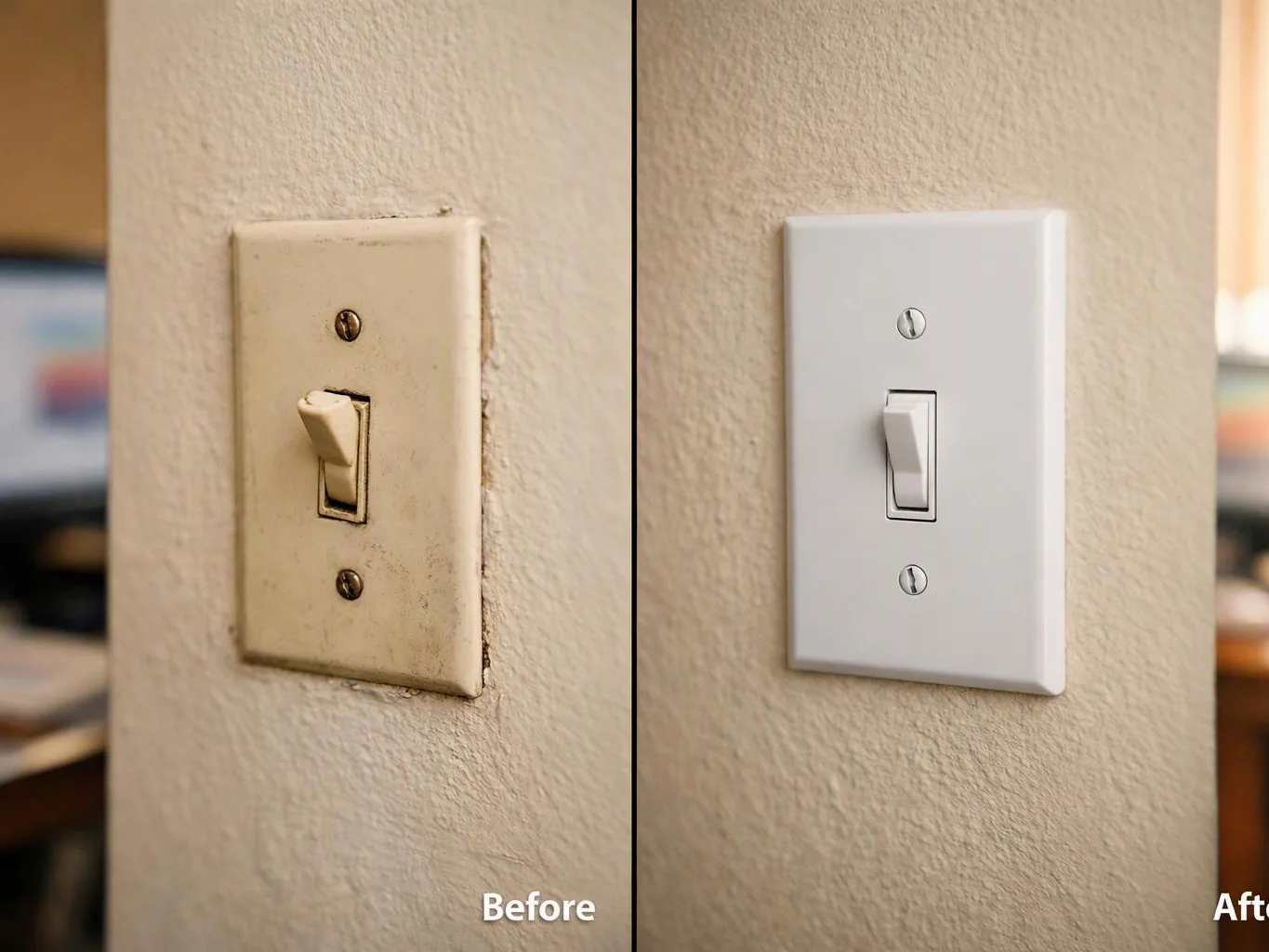 A split image shows an old dirty light switch before and a clean white switch after on a beige wall