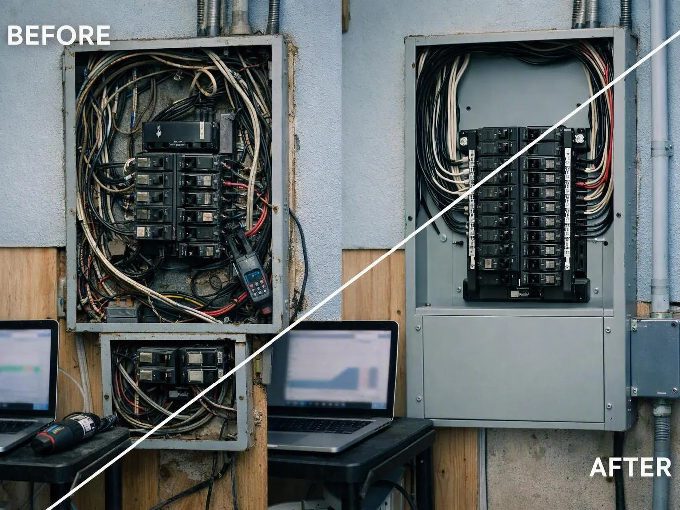 Split view of messy electrical panels before and after cleanup, with wires, breakers, and laptops beside them