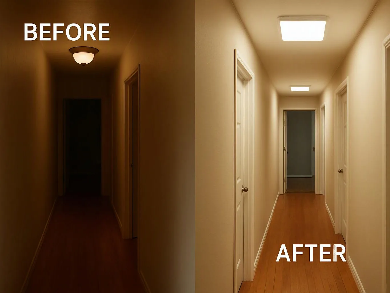 Split view of a narrow hallway before and after brighter lighting, with doors along both sides and wood floors