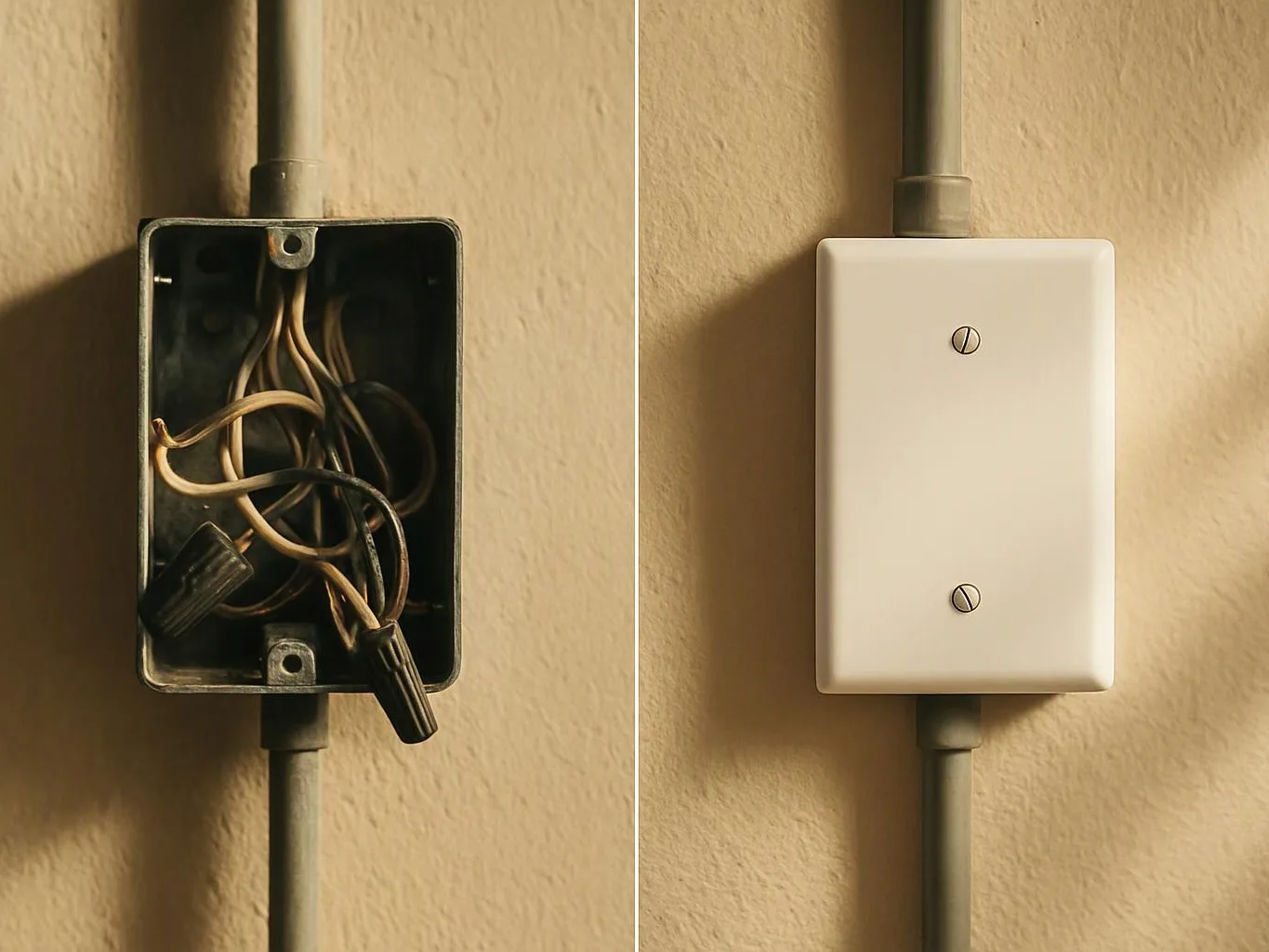 Split view of an open electrical box with tangled wires beside the same box covered by a white plate