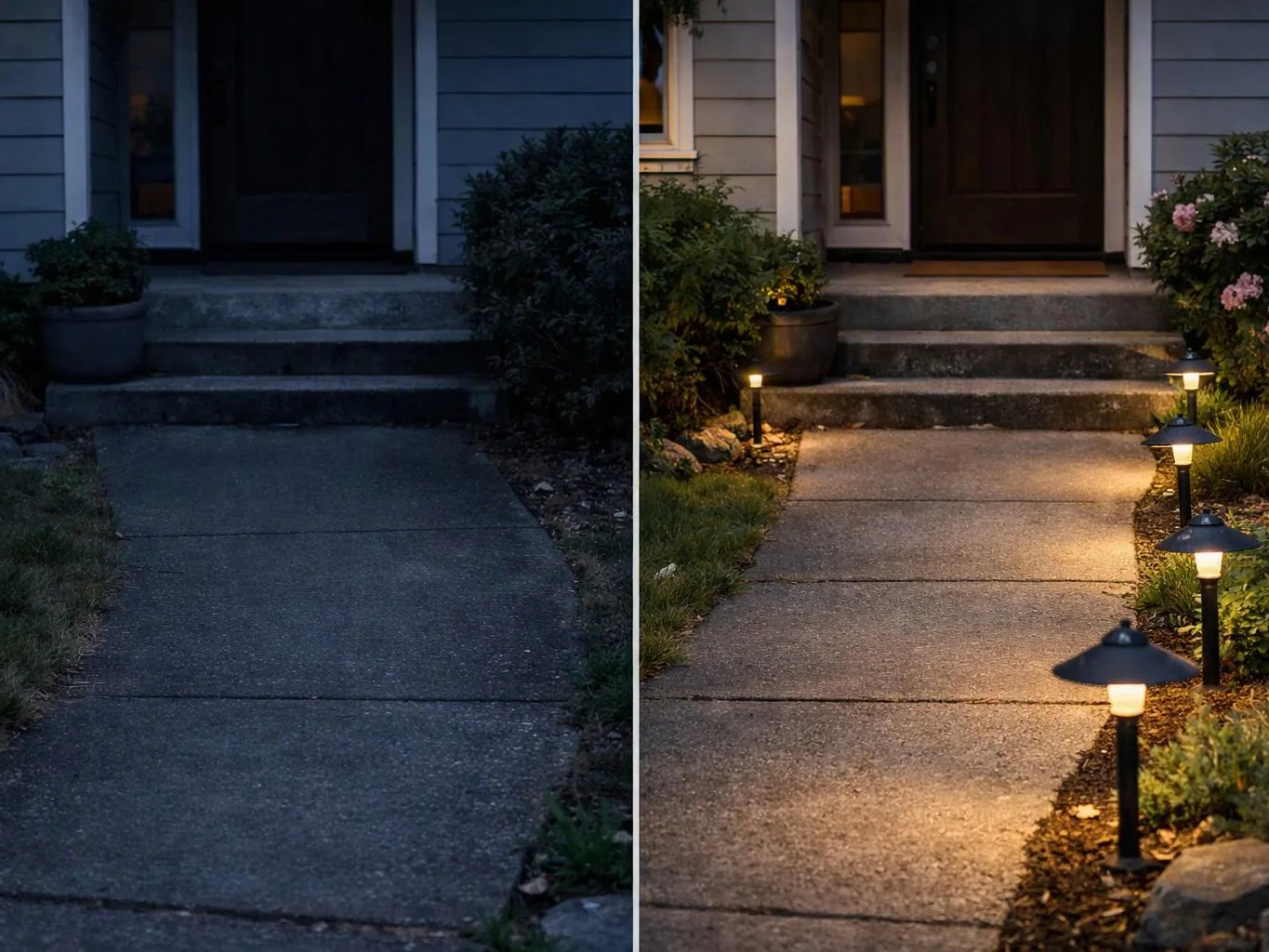 A split view shows a dark front walkway before and after small path lights brighten the steps and entrance