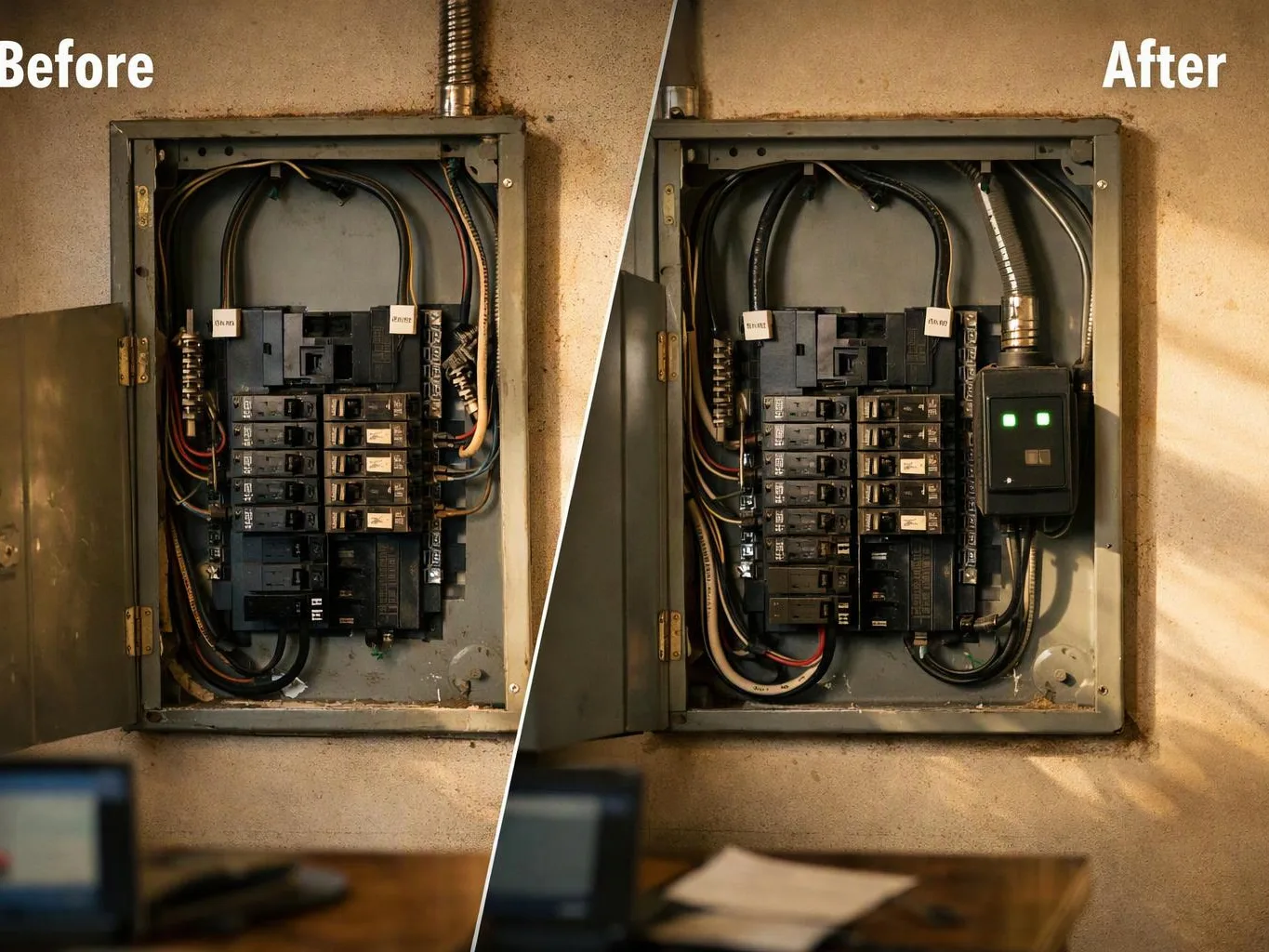 Split view shows an open electrical panel before and after, with added device and tidier wiring on the right