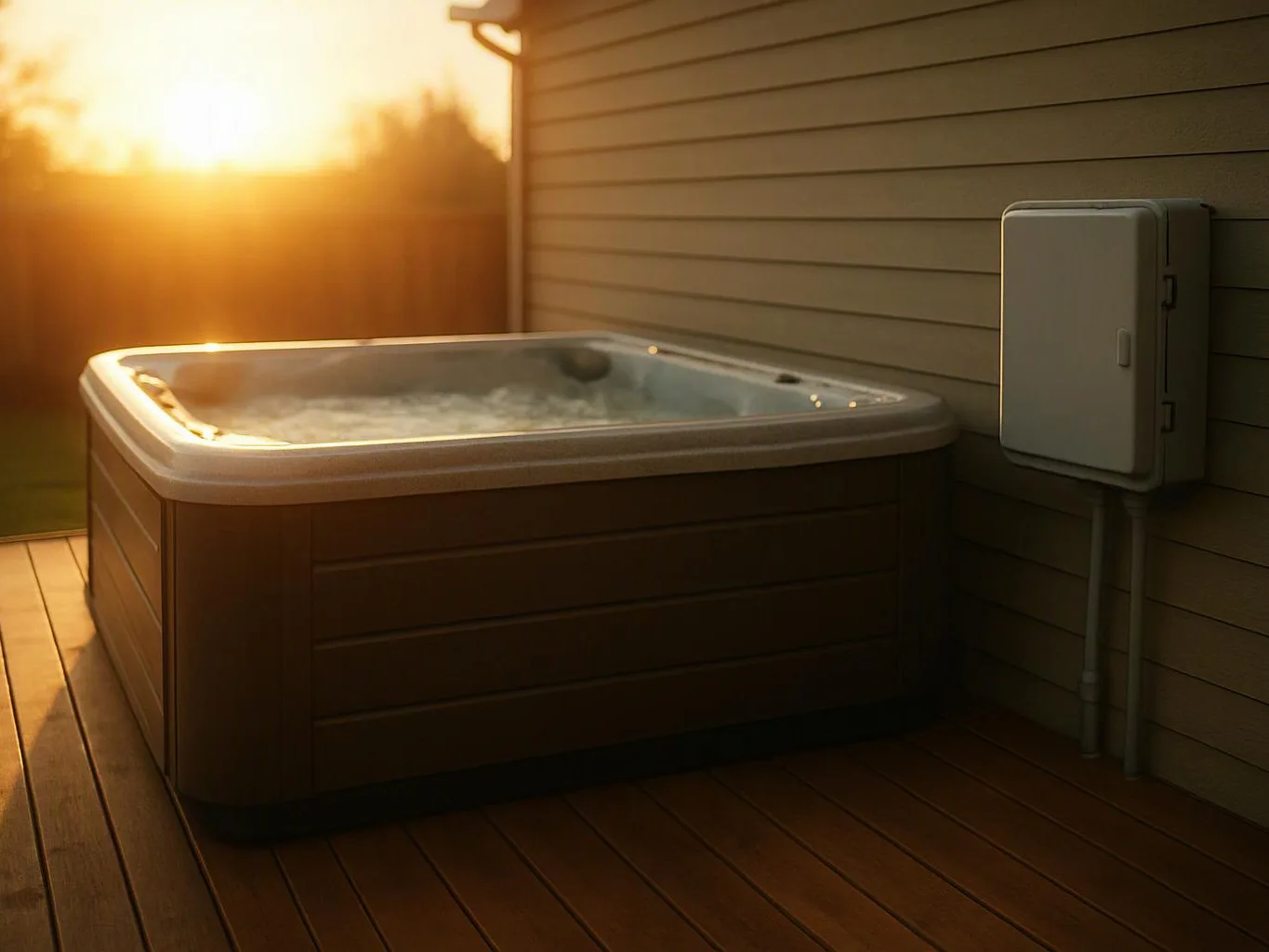 A steaming hot tub sits on a wooden deck beside a house wall at sunset