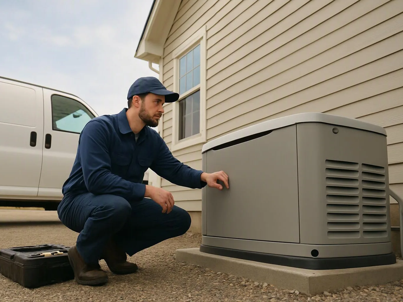 A technician in blue work clothes inspects a large gray generator beside a beige house, with a white van nearby
