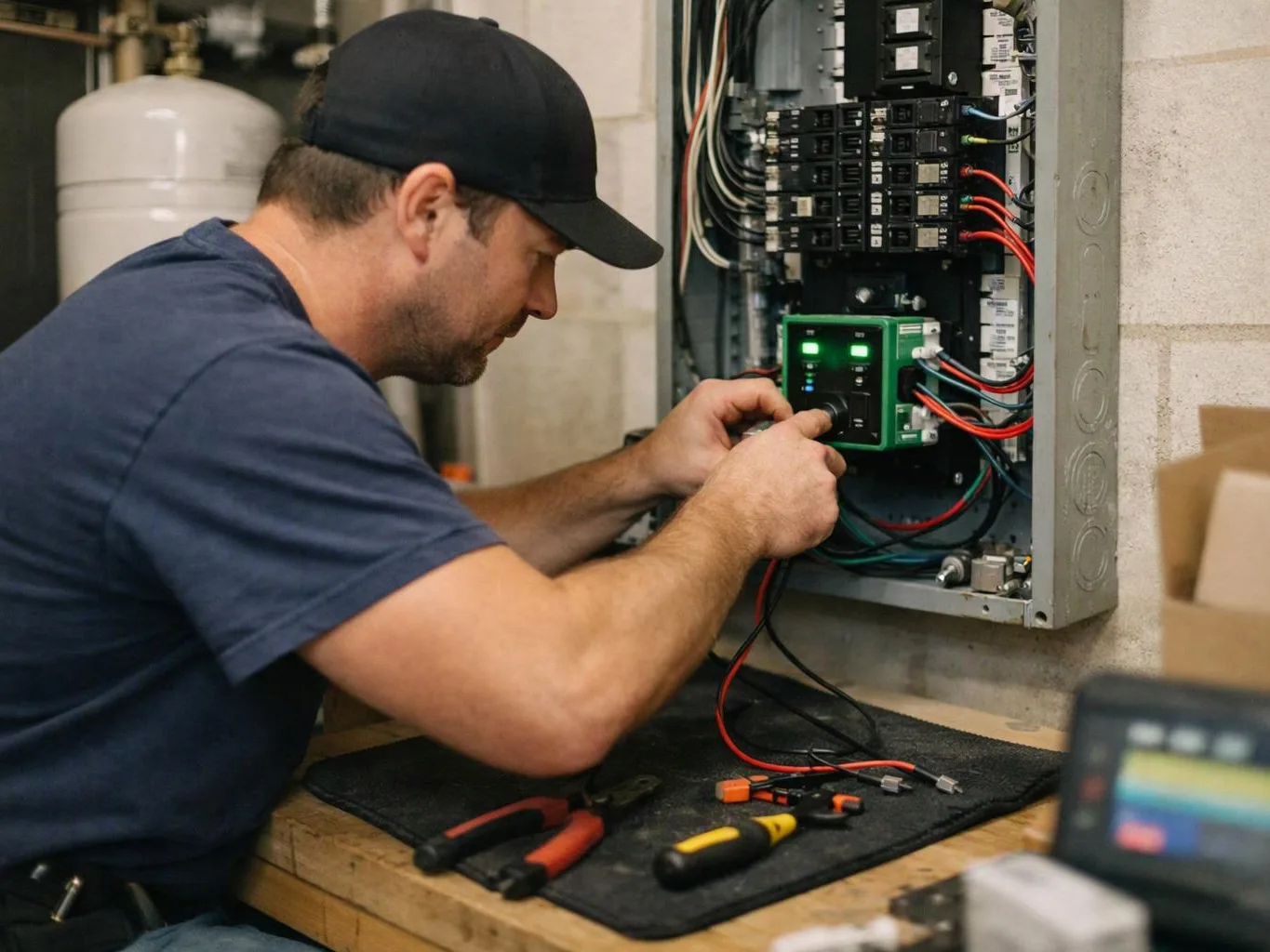 A technician in a cap adjusts wiring inside an open electrical panel beside tools on a workbench