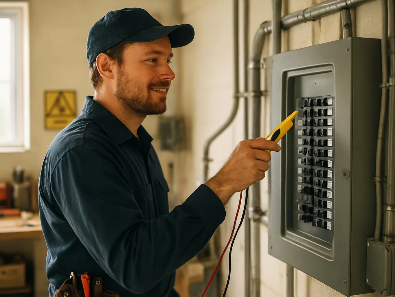 A technician in a cap tests an open electrical breaker panel with a yellow meter in a utility room