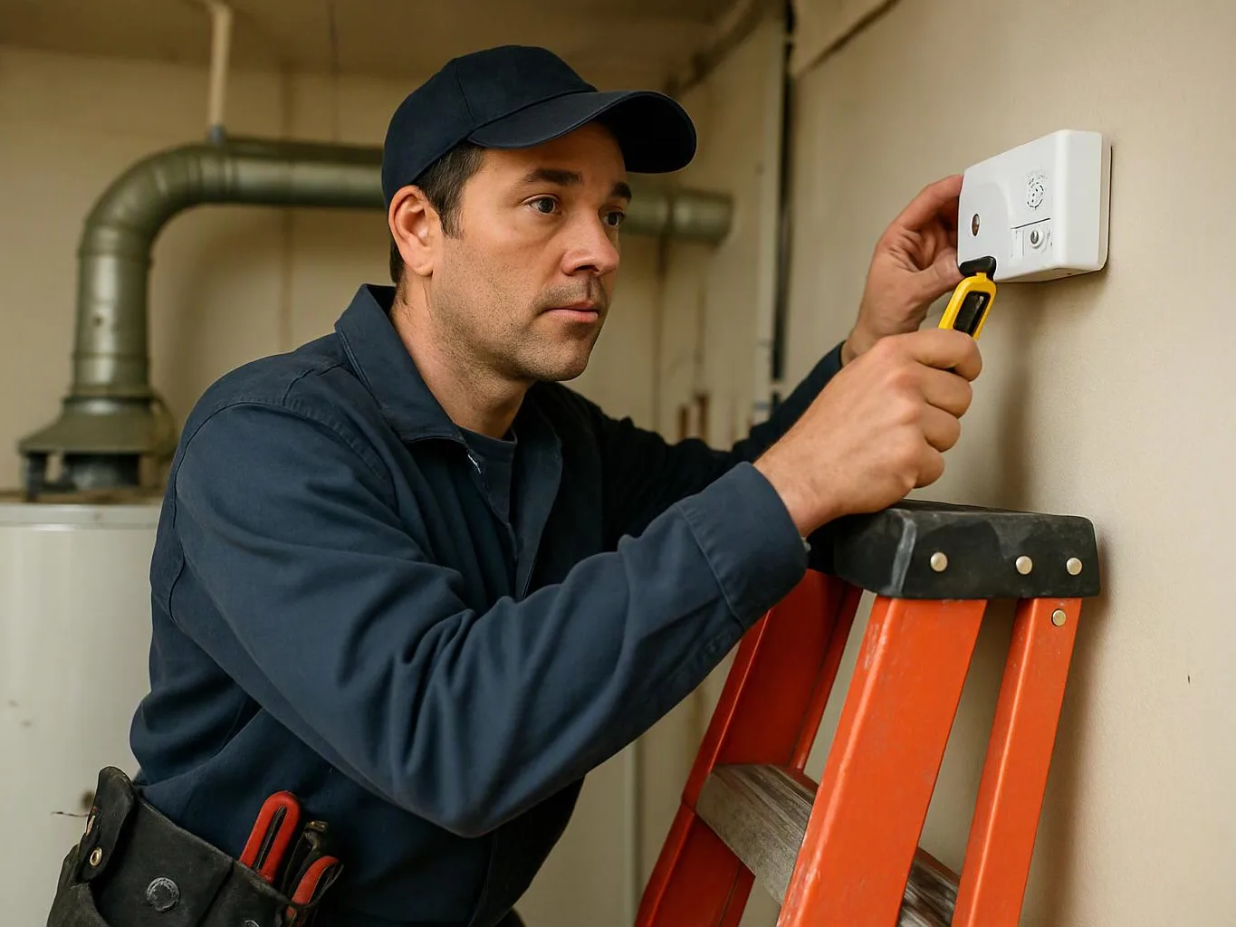 A technician on a red ladder checks a wall-mounted device with a handheld tool in a utility room