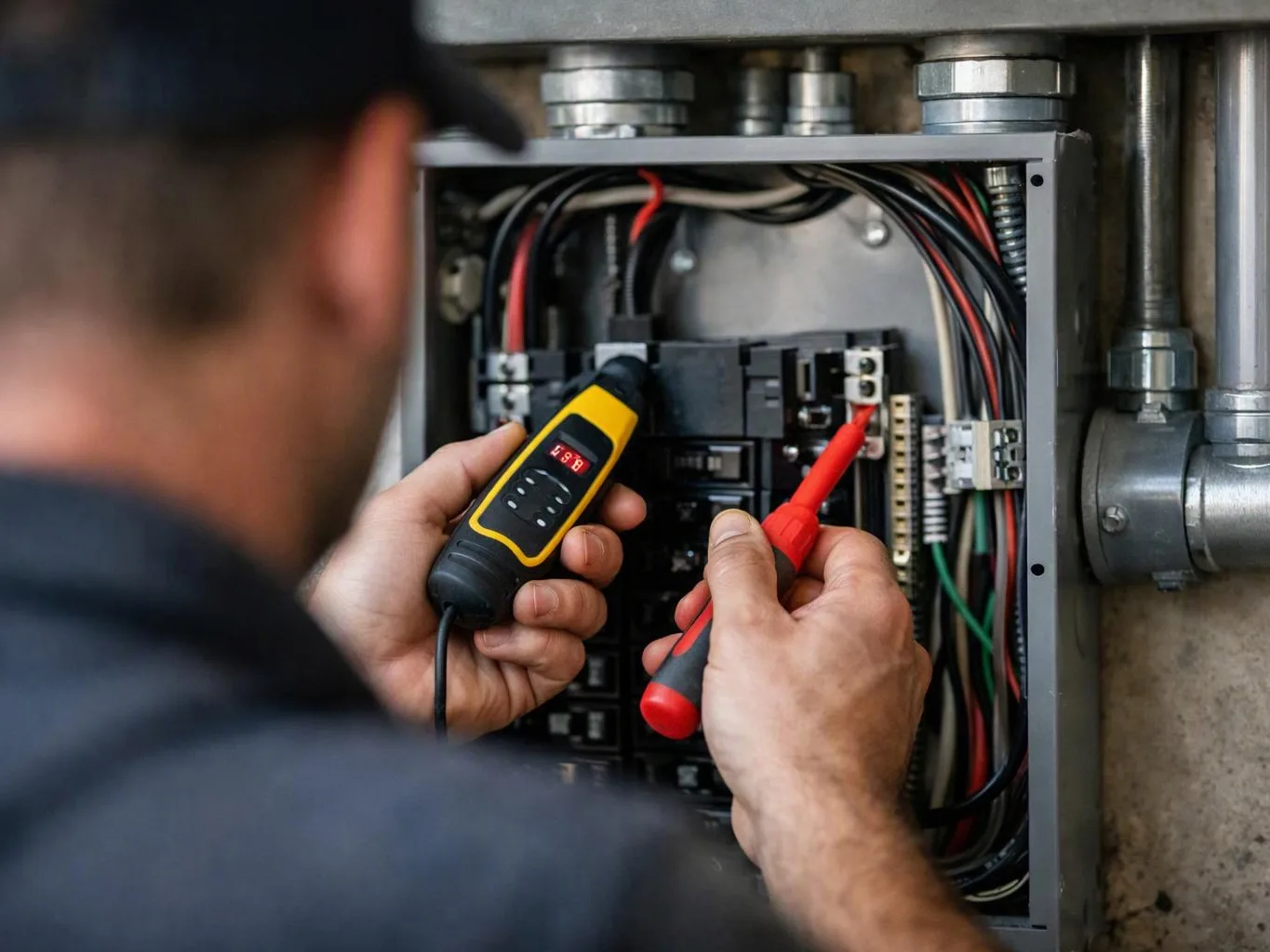 A technician tests wiring inside an open electrical panel with two handheld probes