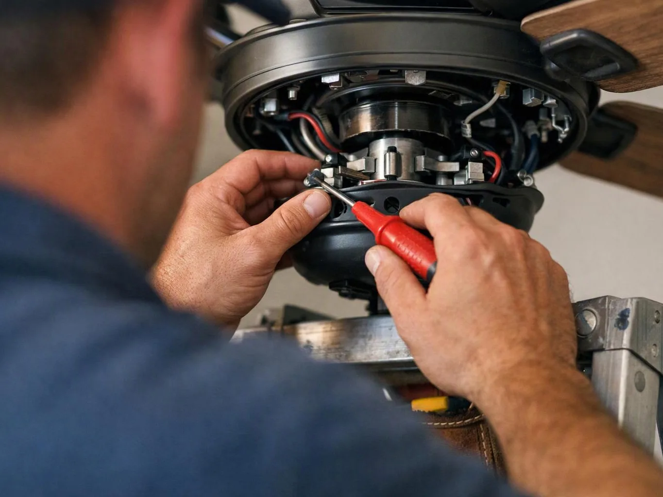 A technician uses a red screwdriver to adjust wiring inside an open ceiling fan housing
