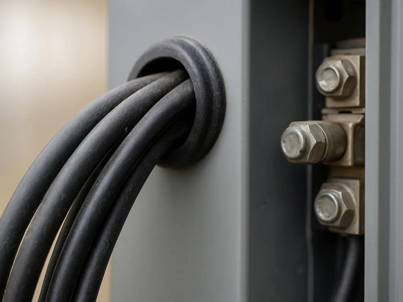 Thick black cables pass through a gray metal panel beside shiny bolted electrical connectors