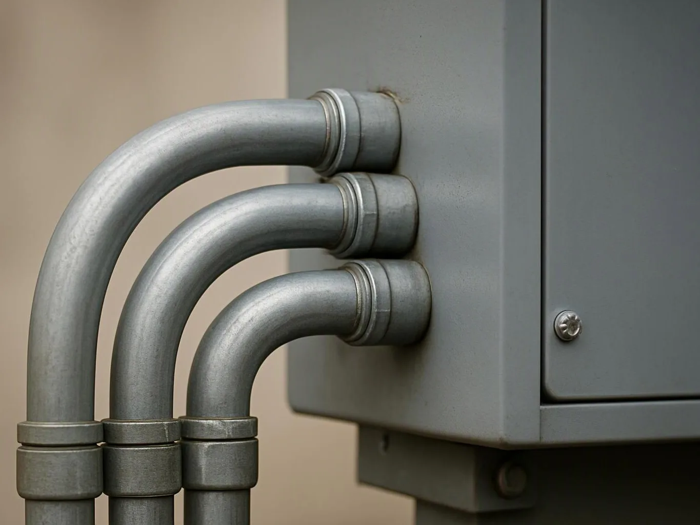 Three silver metal pipes curve into a gray electrical box against a plain beige wall