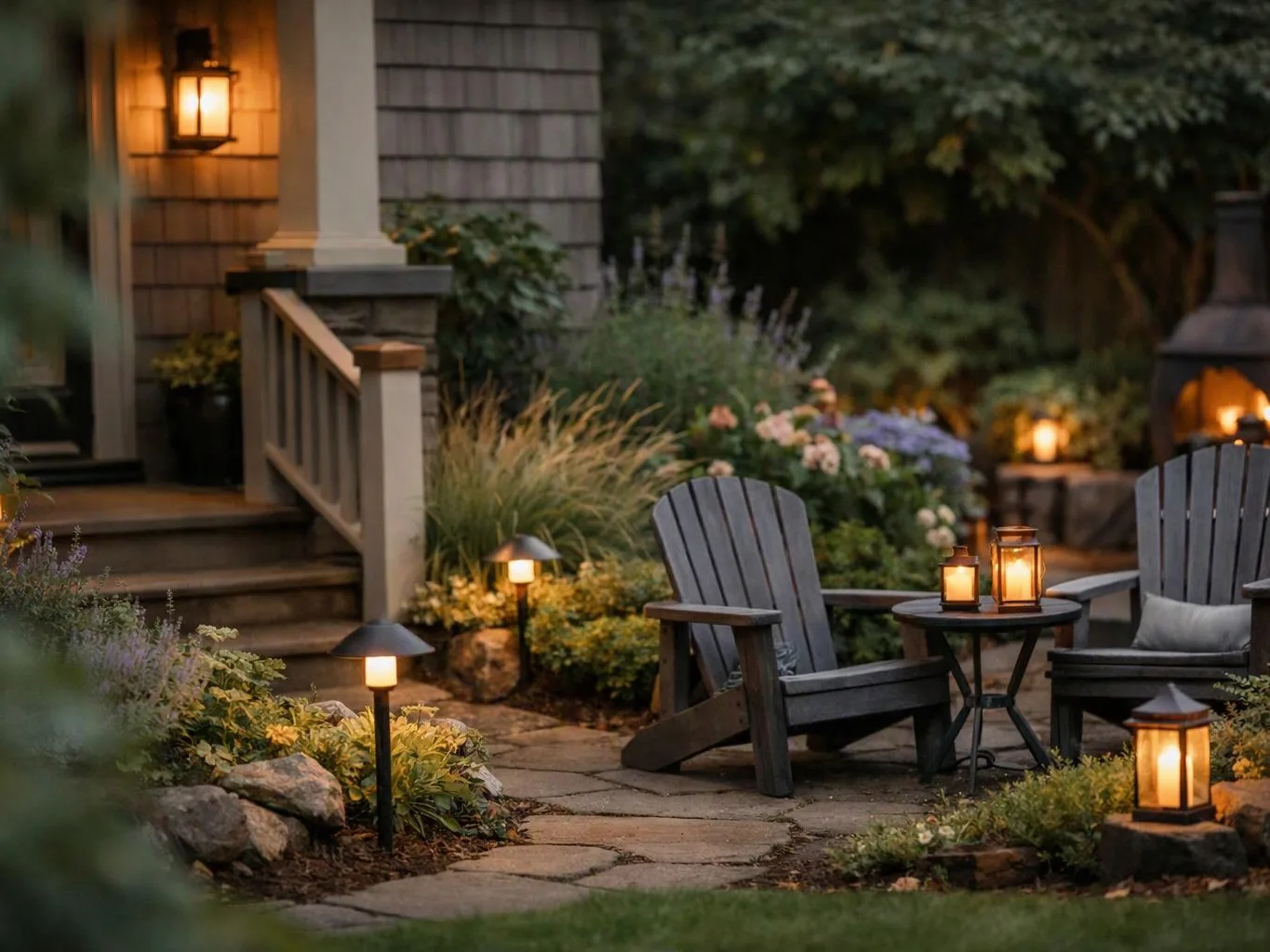 Two gray Adirondack chairs sit by a lantern-lit patio beside a house and garden path