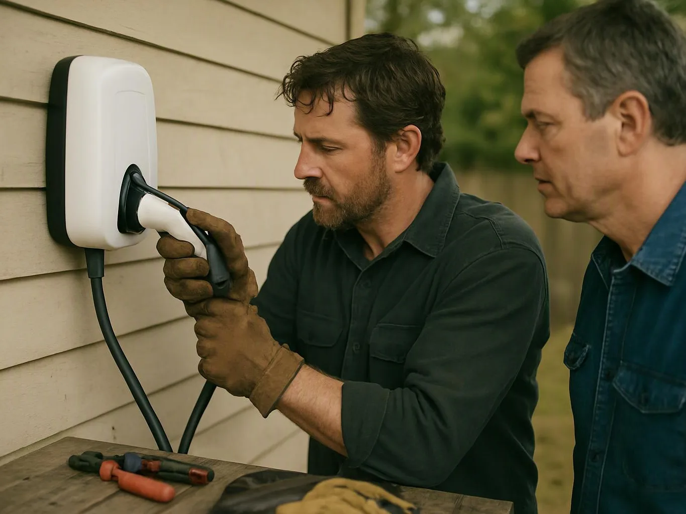 Two men examine a wall-mounted electric vehicle charger while one holds the plug on a house exterior