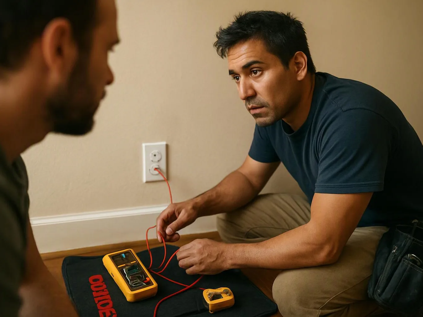 Two men kneel on a floor, one tests red wires with a yellow meter beside a wall outlet