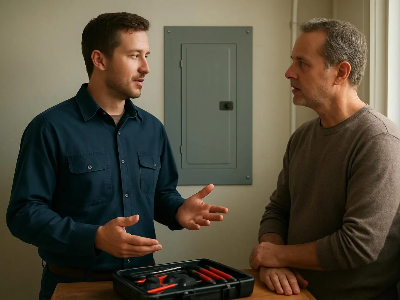 Two men talk beside an open tool case in a plain room with an electrical panel on the wall