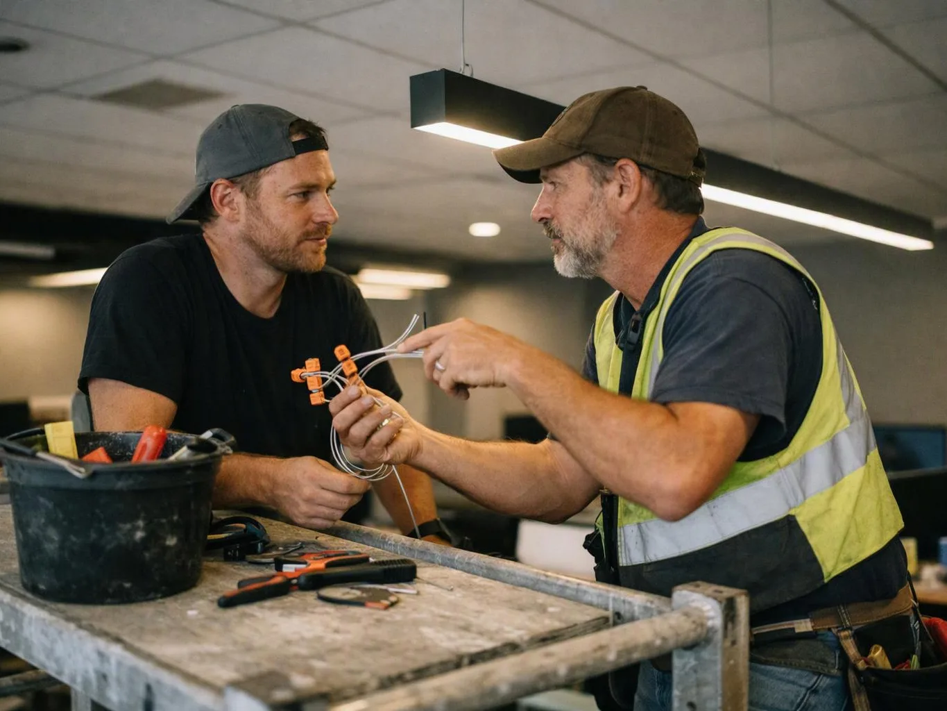 Two men talk over wiring on a workbench in a dim indoor renovation space