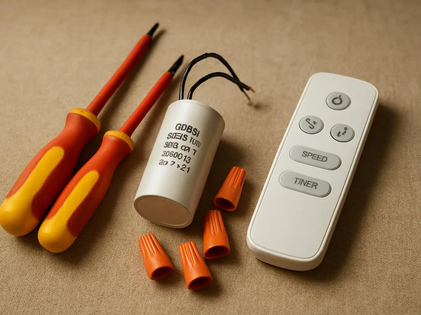 Two orange-handled screwdrivers, a labeled capacitor, wire nuts, and a white remote lie on a beige surface