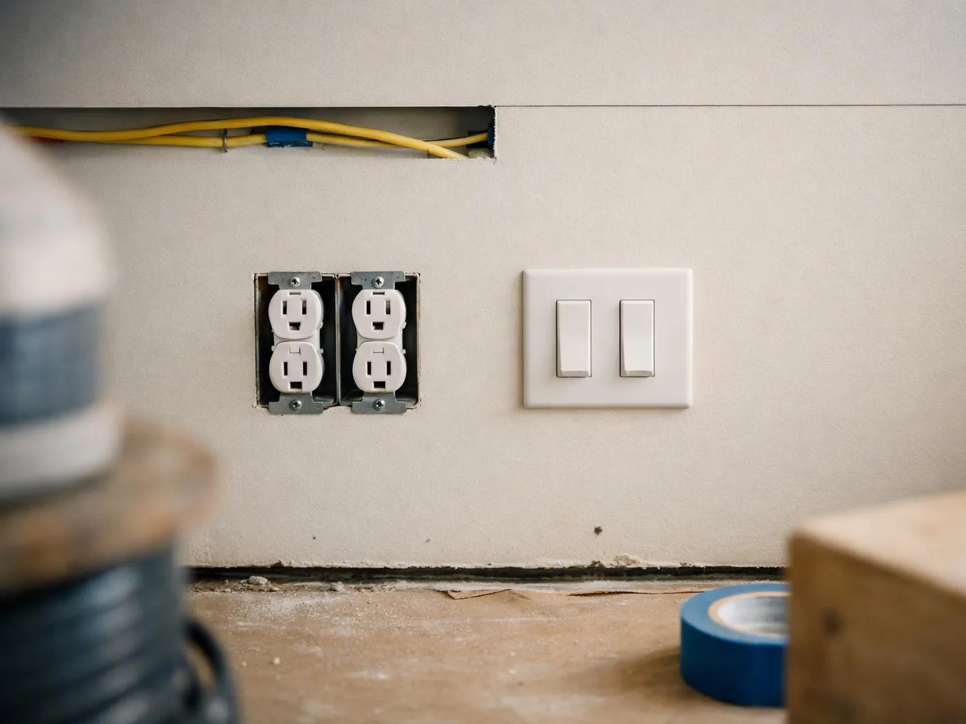 Unfinished wall with exposed wiring, two outlets, a double switch, and tools on a dusty floor