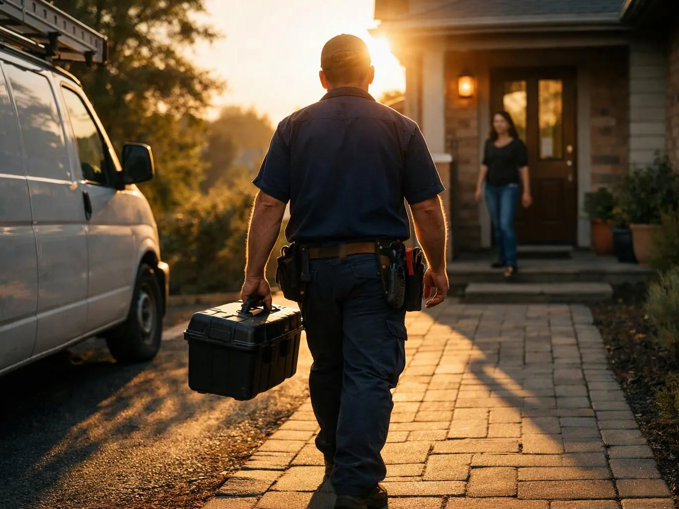 A utility worker carries a toolbox toward a house while a woman stands in the doorway at sunset